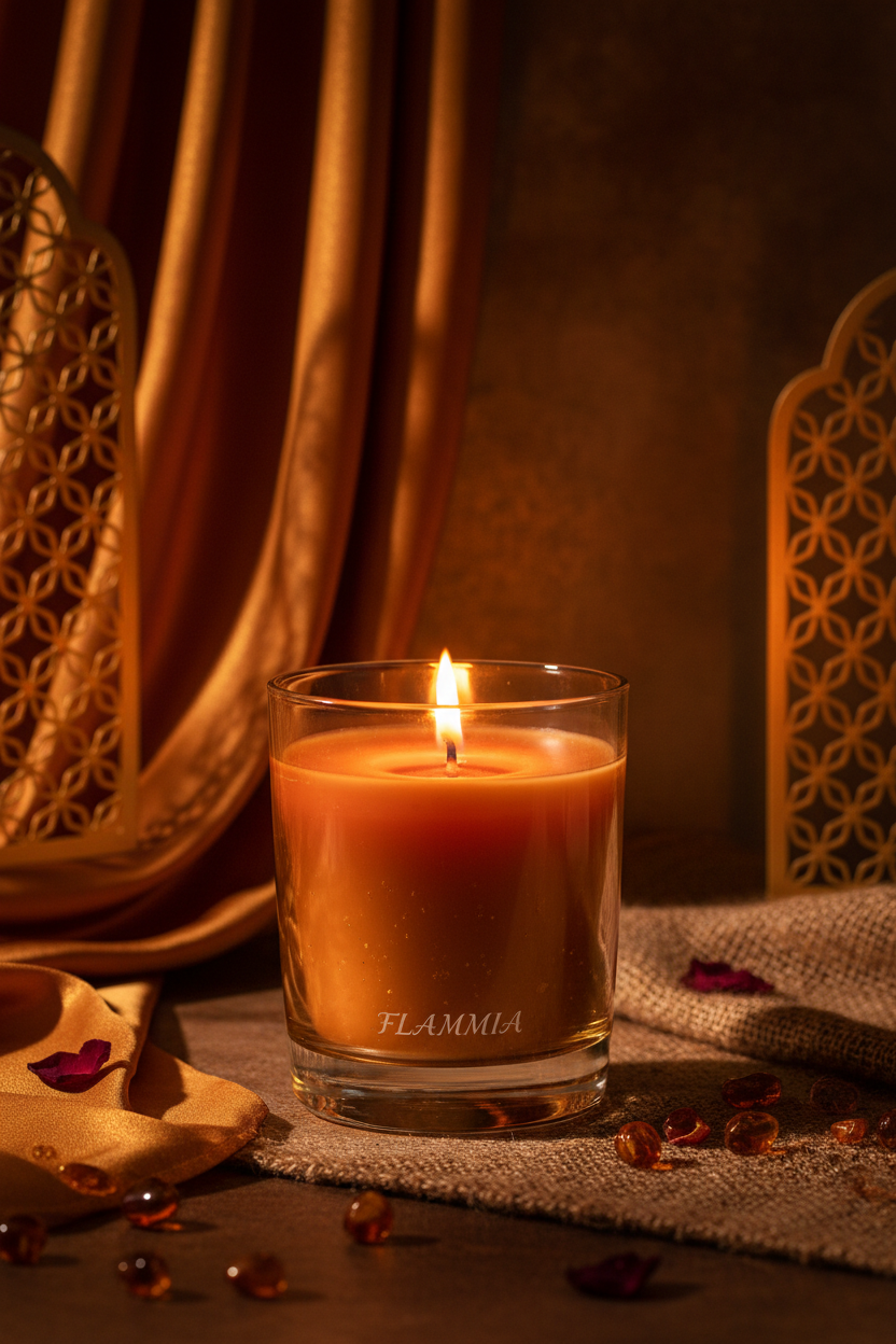 en repectant l'autre photo produit a la vertical fait : Sensuelle et profonde, la bougie Ambre &amp; Musc FLAMMIA transforme l’atmosphère en un cocon chaleureux et élégant.

Notes olfactives
• Ambre chaud
• Musc
• Notes orientales

Caractéristiques

Senteur enveloppante

Ambiance feutrée

Idéale pour soirée ou relaxation

Pot en verre premium