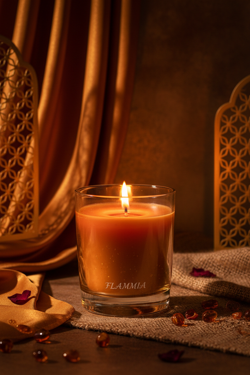 en repectant l'autre photo produit a la vertical fait : Sensuelle et profonde, la bougie Ambre &amp; Musc FLAMMIA transforme l’atmosphère en un cocon chaleureux et élégant.

Notes olfactives
• Ambre chaud
• Musc
• Notes orientales

Caractéristiques

Senteur enveloppante

Ambiance feutrée

Idéale pour soirée ou relaxation

Pot en verre premium