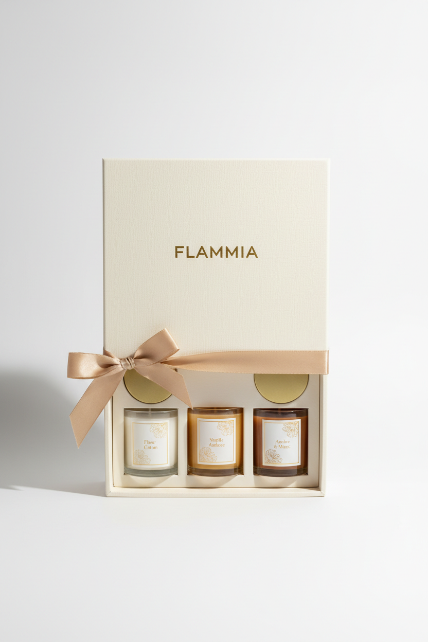 photo produit a la vertical : Découvrez l’univers FLAMMIA avec notre coffret découverte, composé de trois bougies parfumées soigneusement sélectionnées.

Contenu du coffret
• Vanille Ambrée
• Fleur de Coton
• Ambre &amp; Musc

Pourquoi vous allez l’adorer

Idéal pour offrir

Parfait pour tester plusieurs senteurs

Packaging élégant

Excellent rapport qualité/prix